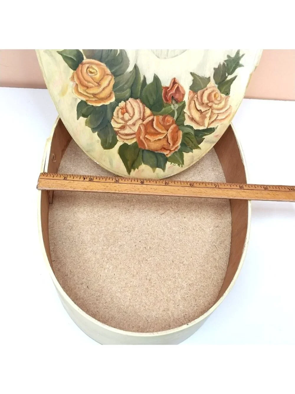 Hand-Painted Wooden Oval Storage Box Folk Art Victorian Lady Roses 1993